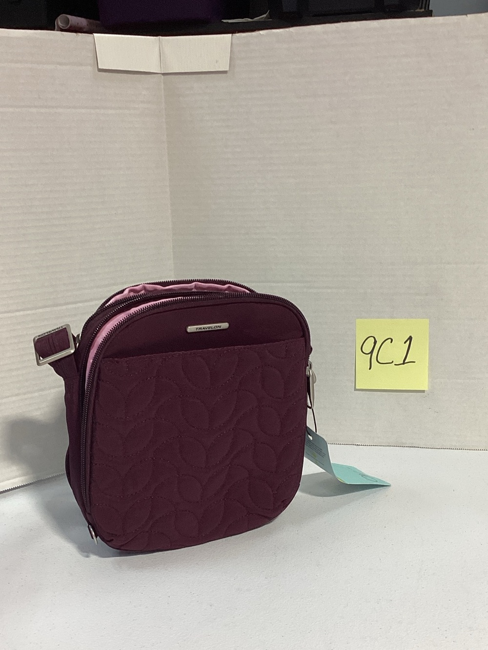 Travelon Quilted Crossbody Bag in Plum with Pink Trim